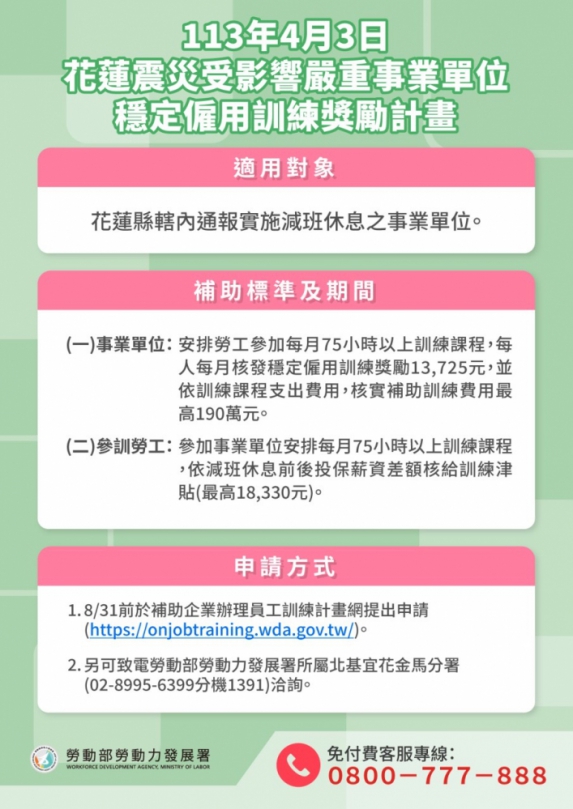 為復原重建儲備戰力｜勞動部推動0403花蓮震災受影響嚴重事業單位穩定僱用訓練獎勵計畫