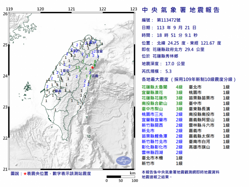 晚餐時間嚇了一大跳｜秀林鄉太魯閣，09/21日18:51，芮氏規模：5.3。