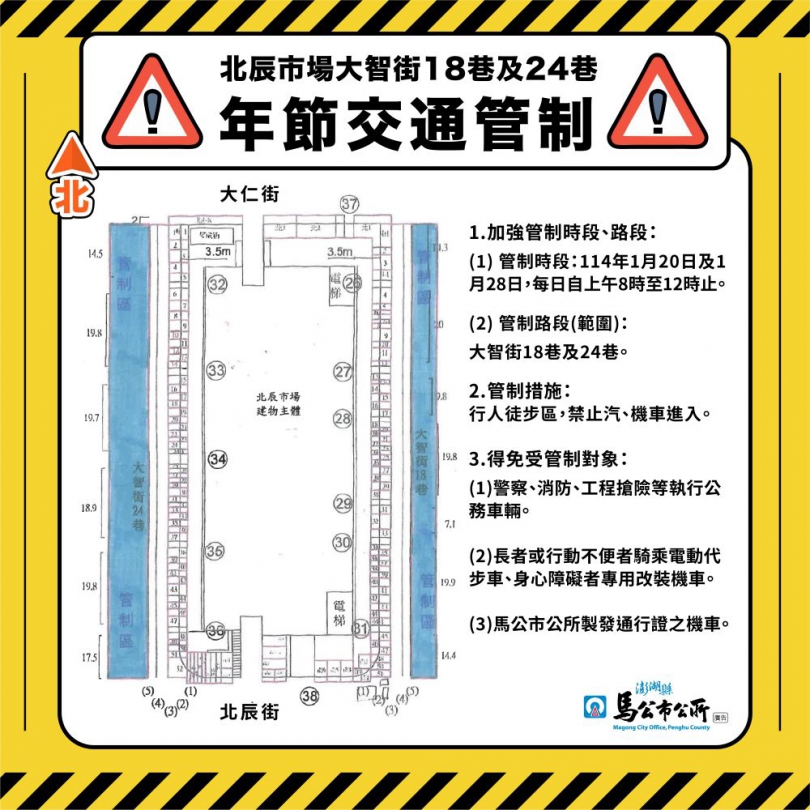 北辰市場春節交通管制   強化錄影舉發守護安全 澎湖縣政府公告大智街18巷及24巷為行人徒步區，馬公市公所將於春節期間實施交通管制，禁止汽、機車進入，提供市民安心順暢的採購環境。