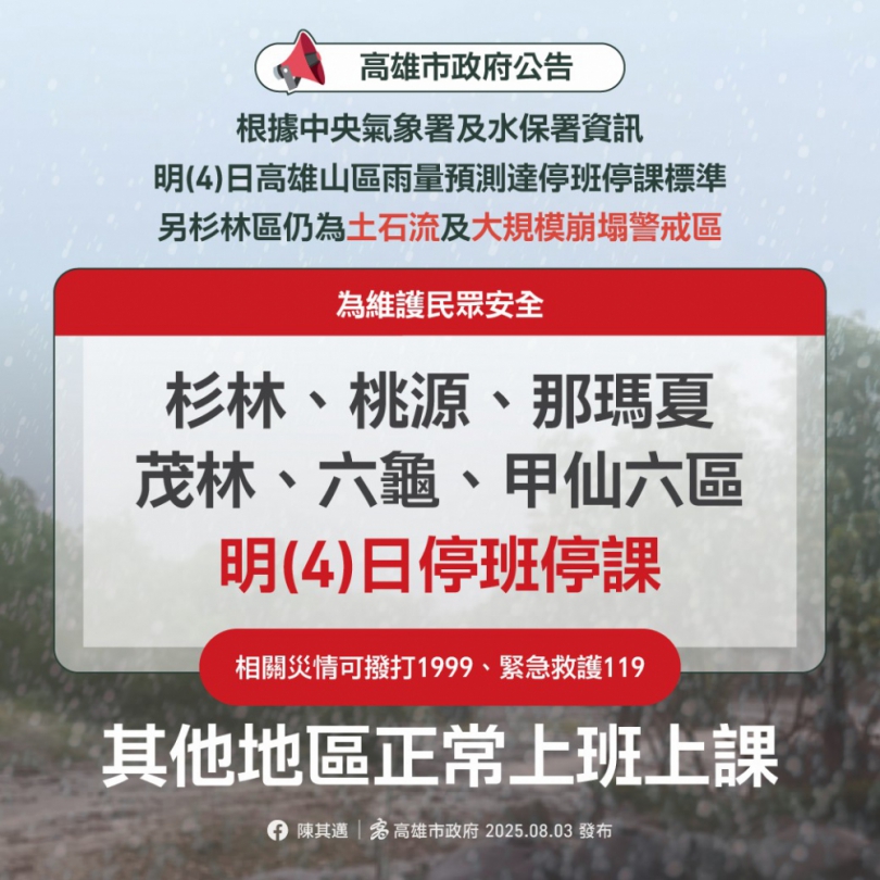 高市山區6個行政區8月4日停班停課