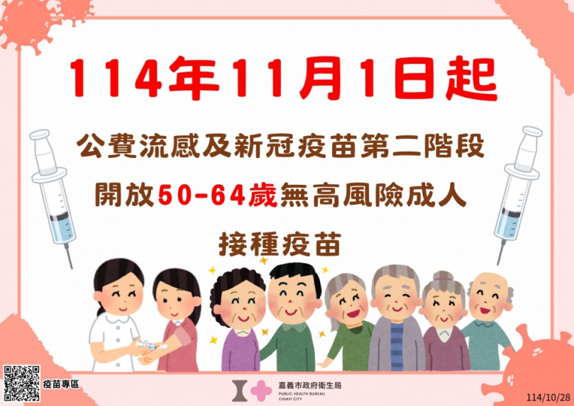 11/1起嘉義市開放流感及新冠疫苗第二階段對象接種 滿50歲以上民眾可以「左流右新 健康安心」!