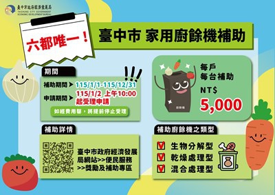 六都唯一 台中市政府「家用廚餘機補助計畫」補助1萬戶 首日2小時申請破千件