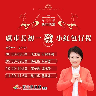 馬到金來 福財運旺旺來！台中市長盧秀燕大年初一4宮廟發送新春賀歲小紅包