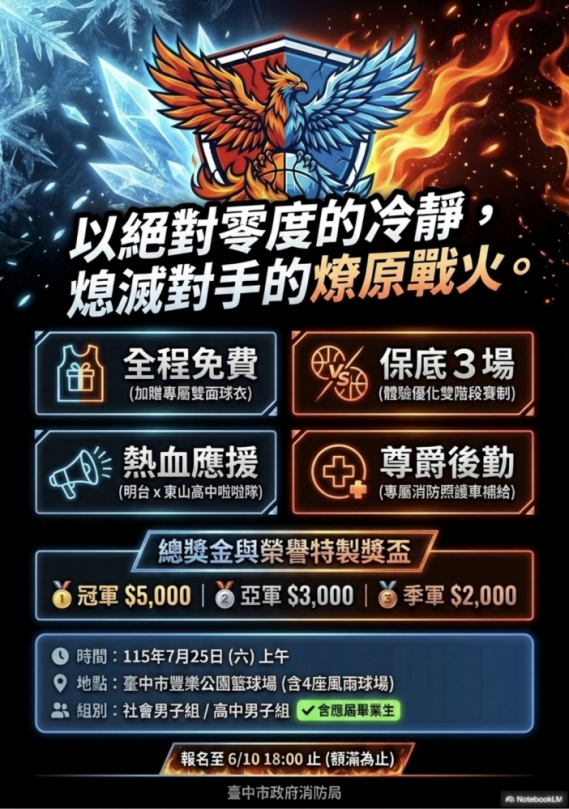 中市消防3對3籃球賽7/25熱血開跑 免費報名再送專屬球衣！