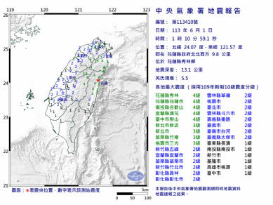 暗夜強震｜6/1日01:10，震央在花蓮秀林太魯閣，宛如空氣瞬間被炸開，芮氏規模：5.5，不少人在睡夢中被嚇醒！