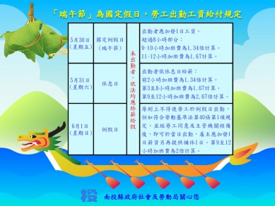 端午節為國定假日，勞工出勤工資給付規定