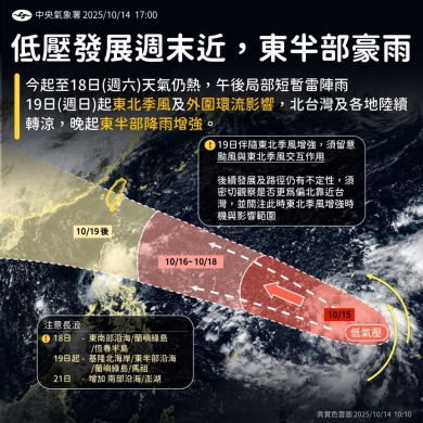 有可能發展成為輕度颱風|低壓發展週末近,東半部留意豪雨!
