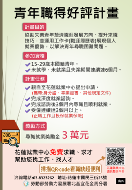 尋職就業獎勵金3萬元｜花蓮就業中心歡迎本國籍15歲至29歲青年，未就學、未就業且失業期間連續達6個月以上者提出申請。