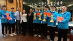 全國高校「工業類技藝競賽」，永靖高工獲4座金手獎和2優勝獎，林校長（左4）、江會長（左3）和曹理事長（左5）甚為開心。（照片記者林碧珠攝）